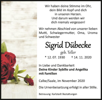 Traueranzeige von Sigrid Dübecke (geb. Teller)  von Magdeburger Volksstimme
