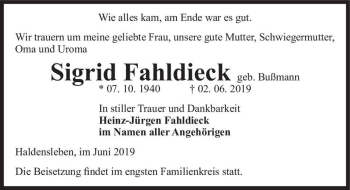 Traueranzeige von Sigrid Fahldieck (geb. Bußmann)  von Magdeburger Volksstimme