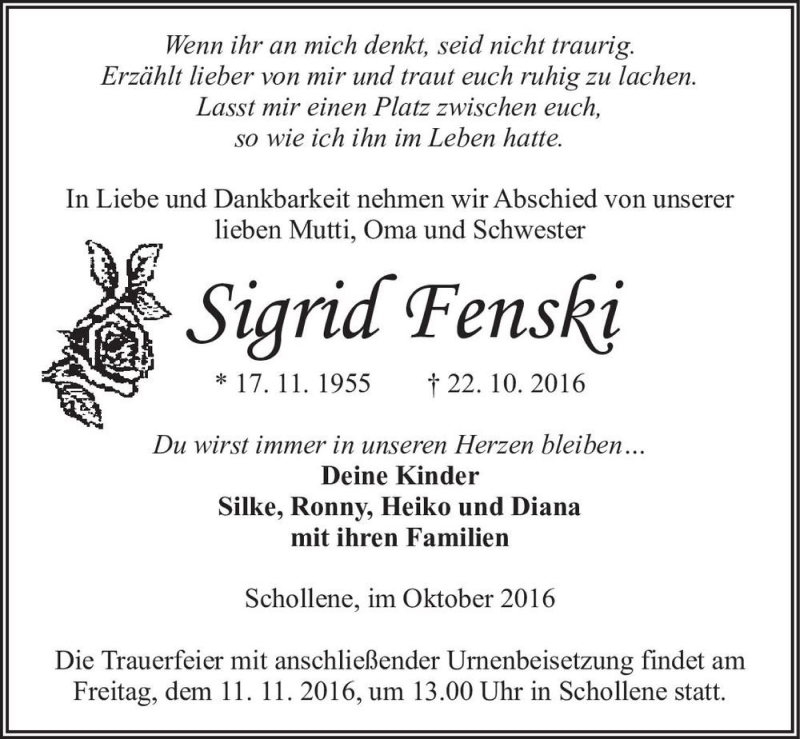  Traueranzeige für Sigrid Fenski  vom 29.10.2016 aus Magdeburger Volksstimme