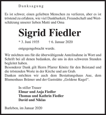 Traueranzeige von Sigrid Fiedler  von Magdeburger Volksstimme