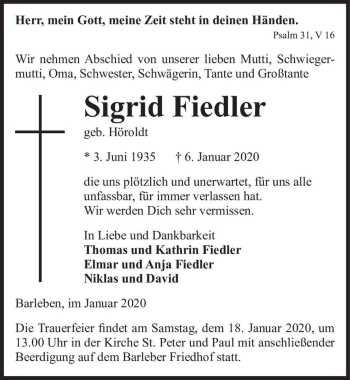 Traueranzeige von Sigrid Fiedler (geb. Höroldt)  von Magdeburger Volksstimme
