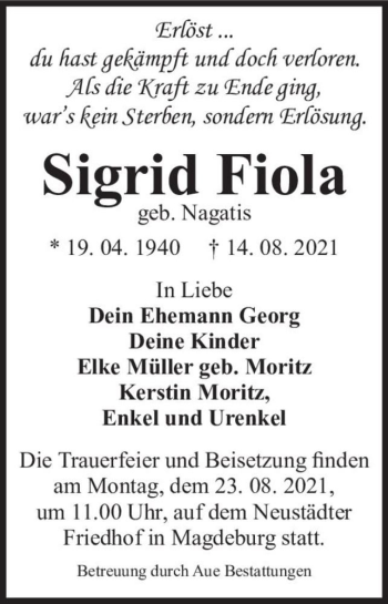 Traueranzeige von Sigrid Fiola (geb. Nagatis)  von Magdeburger Volksstimme