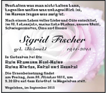Traueranzeige von Sigrid Fischer  von Magdeburger Volksstimme