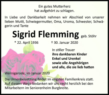 Traueranzeige von Sigrid Flemming (geb. Stöhr)  von Magdeburger Volksstimme