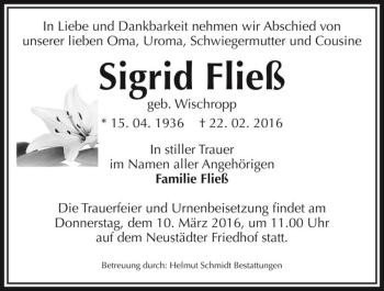 Traueranzeige von Sigrid Fließ (geb. Wischropp)  von Magdeburger Volksstimme