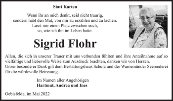 Traueranzeige von Sigrid Flohr  von Magdeburger Volksstimme
