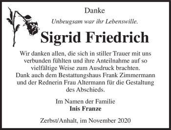 Traueranzeige von Sigrid Friedrich  von Magdeburger Volksstimme