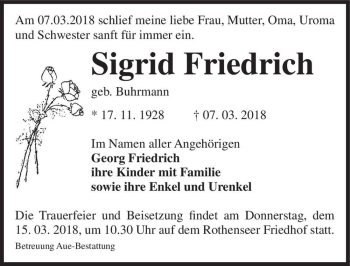 Traueranzeige von Sigrid Friedrich (geb. Buhrmann)  von Magdeburger Volksstimme
