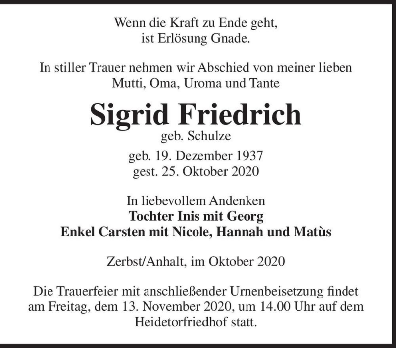 Traueranzeige für Sigrid Friedrich (geb. Schulze)  vom 30.10.2020 aus Magdeburger Volksstimme