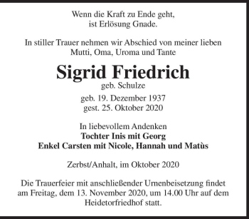 Traueranzeige von Sigrid Friedrich (geb. Schulze)  von Magdeburger Volksstimme