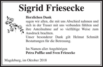 Traueranzeige von Sigrid Friesecke  von Magdeburger Volksstimme