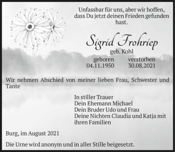Traueranzeige von Sigrid Frohriep (geb. Kohl)  von Magdeburger Volksstimme