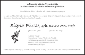 Traueranzeige von Sigrid Fürste (geb. Kalau vom Hofe)  von Magdeburger Volksstimme
