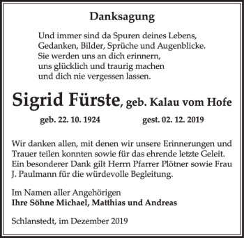 Traueranzeige von Sigrid Fürste (geb. Kalau vom Hofe)  von Magdeburger Volksstimme