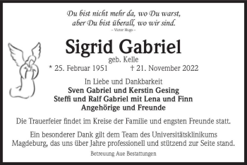 Traueranzeige von Sigrid Gabriel (geb. Kelle)  von Magdeburger Volksstimme