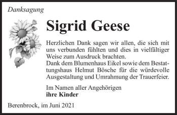 Traueranzeige von Sigrid Geese  von Magdeburger Volksstimme