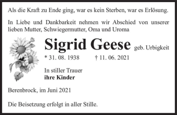Traueranzeige von Sigrid Geese (geb. Urbigkeit)  von Magdeburger Volksstimme