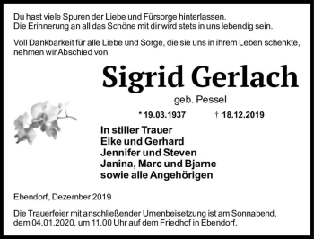 Traueranzeige von Sigrid Gerlach (geb. Pessel)  von Magdeburger Volksstimme