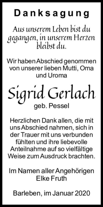 Traueranzeige von Sigrid Gerlach (geb. Pessel)  von Magdeburger Volksstimme