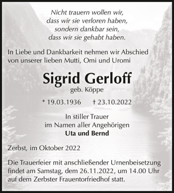 Traueranzeige von Sigrid Gerloff (geb. Köppe)  von Magdeburger Volksstimme
