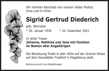 Traueranzeige von Sigrid Gertrud Diederich (geb. Wernicke)  von Magdeburger Volksstimme