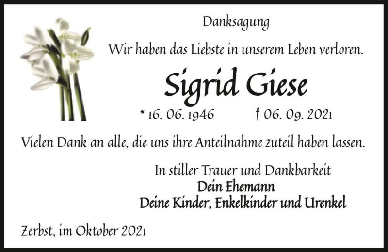  Traueranzeige für Sigrid Giese  vom 09.10.2021 aus Magdeburger Volksstimme
