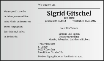 Traueranzeige von Sigrid Gitschel (geb. Jainz)  von Magdeburger Volksstimme