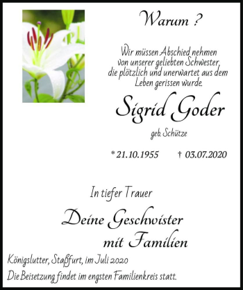 Traueranzeige von Sigrid Goder (geb. Schütze)  von Magdeburger Volksstimme