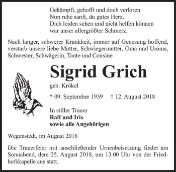 Traueranzeige von Sigrid Grich (geb. Krökel)  von Magdeburger Volksstimme