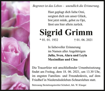 Traueranzeige von Sigrid Grimm  von Magdeburger Volksstimme