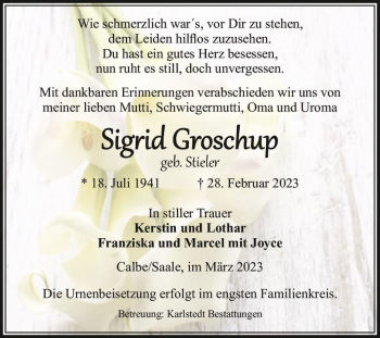 Traueranzeige von Sigrid Groschup (geb. Stieler)  von Magdeburger Volksstimme