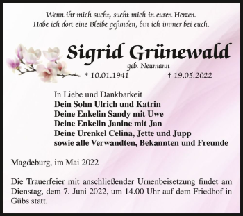 Traueranzeige von Sigrid Grünewald (geb. Neumann)  von Magdeburger Volksstimme