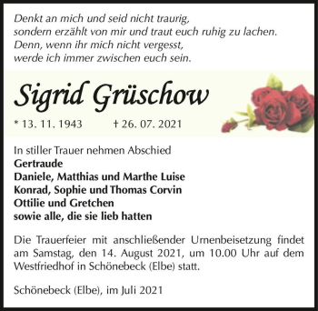 Traueranzeige von Sigrid Grüschow  von Magdeburger Volksstimme