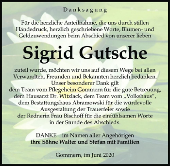 Traueranzeige von Sigrid Gutsche  von Magdeburger Volksstimme