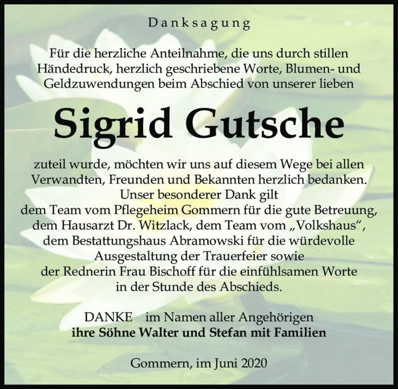  Traueranzeige für Sigrid Gutsche  vom 13.06.2020 aus Magdeburger Volksstimme