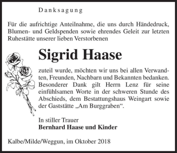 Traueranzeige von Sigrid Haase  von Magdeburger Volksstimme