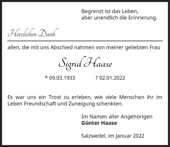 Traueranzeige von Sigrid Haase  von Magdeburger Volksstimme