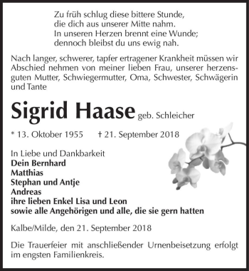 Traueranzeige von Sigrid Haase (geb. Schleicher)  von Magdeburger Volksstimme