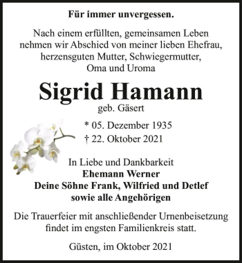 Traueranzeige von Sigrid Hamann (geb Gäsert)  von Magdeburger Volksstimme