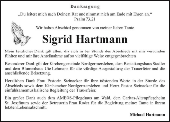 Traueranzeige von Sigrid Hartmann  von Magdeburger Volksstimme