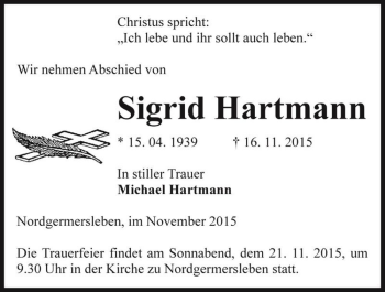 Traueranzeige von Sigrid Hartmann  von Magdeburger Volksstimme