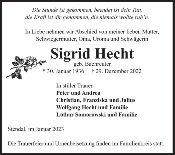 Traueranzeige von Sigrid Hecht (geb. Buchreuter)  von Magdeburger Volksstimme