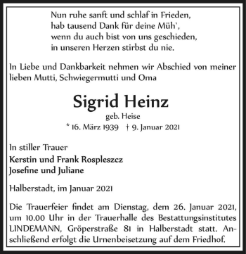 Traueranzeige von Sigrid Heinz (geb. Heise)  von Magdeburger Volksstimme