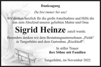Traueranzeige von Sigrid Heinze  von Magdeburger Volksstimme