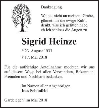 Traueranzeige von Sigrid Heinze  von Magdeburger Volksstimme