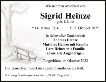 Traueranzeige von Sigrid Heinze (geb. Kleine)  von Magdeburger Volksstimme
