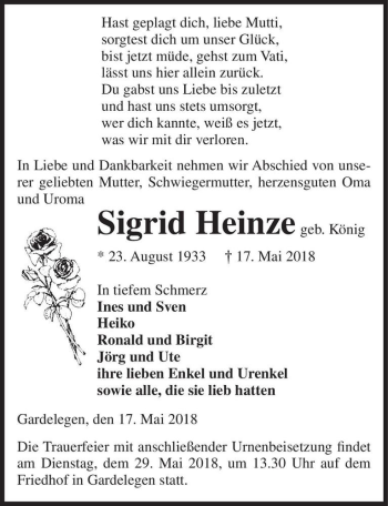 Traueranzeige von Sigrid Heinze (geb. König)  von Magdeburger Volksstimme