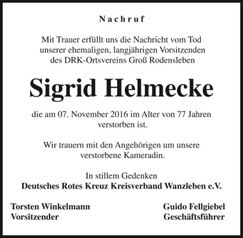 Traueranzeige von Sigrid Helmecke  von Magdeburger Volksstimme
