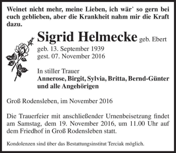 Traueranzeige von Sigrid Helmecke (geb. Ebert)  von Magdeburger Volksstimme