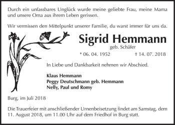 Traueranzeige von Sigrid Hemmann (geb. Schäfer)  von Magdeburger Volksstimme